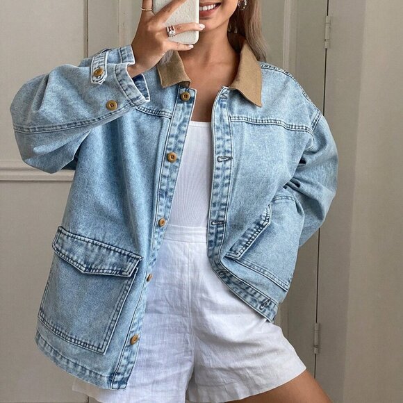 Medium Wash Casual Women's Contrast Color Collar Denim Jacket - Picture 2 of 6